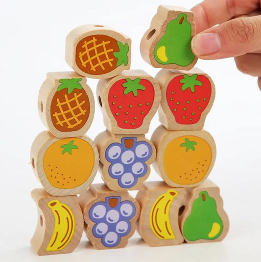 Bērnu koka augļu krelles ar dažādu formu un krāsu elementiem