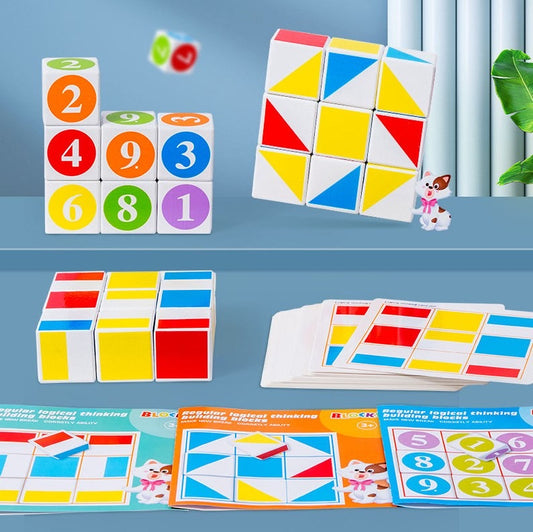 9 kubu loģikas spēle ar krāsainiem koka kubiņiem un attēlu kombinācijām bērnu domāšanas attīstīšanai