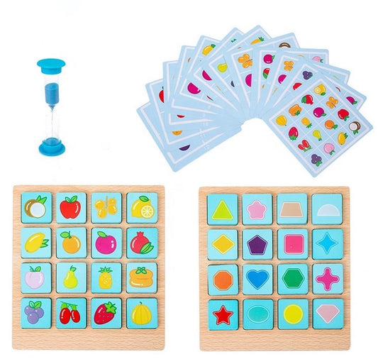 Bērnu atmiņas spēles komplekts ar krāsainām kartītēm un koka elementiem