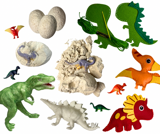 Dinozauru radošā kastīte bērniem ar fosiliju rakšanas aktivitāti, dinozaura formas apgleznošanu un savu mīksto dinozauru izšūšanu