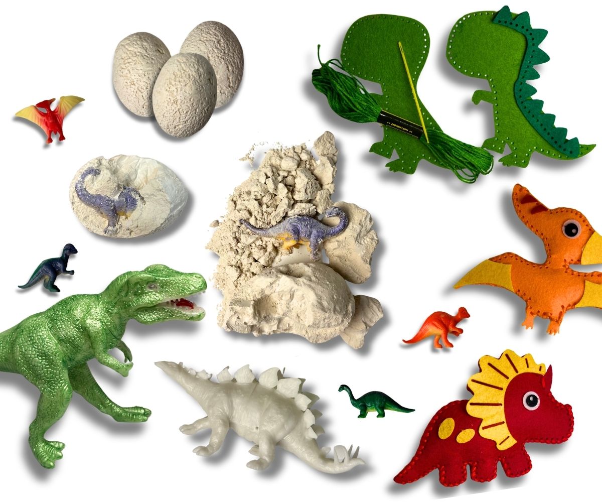 Dinozauru radošās kastītes aktivitātes - dinozauru apgleznošana, fosilija rakšana, dinozauru šūšana