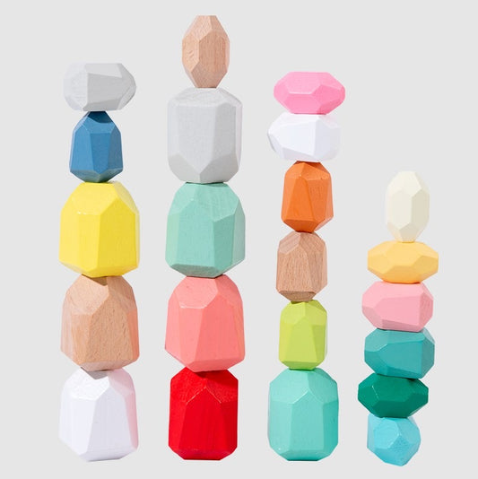 Koka balansēšanas akmeņi dažādos izmēros un krāsās bērnu koordinācijas un radošās domāšanas attīstīšanai