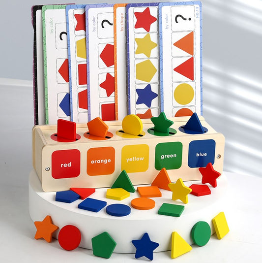 Koka krāsu un formu šķirošanas komplekts ar dažādām ģeometriskām figūrām