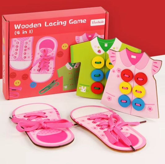 Rozā apģērbu vēršanas komplekts no koka un krāsainiem diegiem un pogām