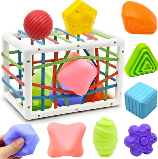 Sensorā kvadrāta šķirošanas rotaļlieta ar gumijām, bērna motorikas attīstīšanai.