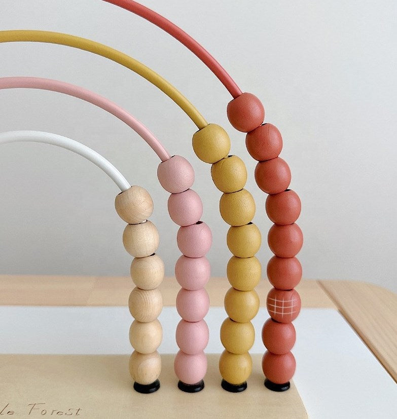 Tuvplāns ar varavīksnes skaitīkļa lokiem un krāsainām koka pērlītēm
